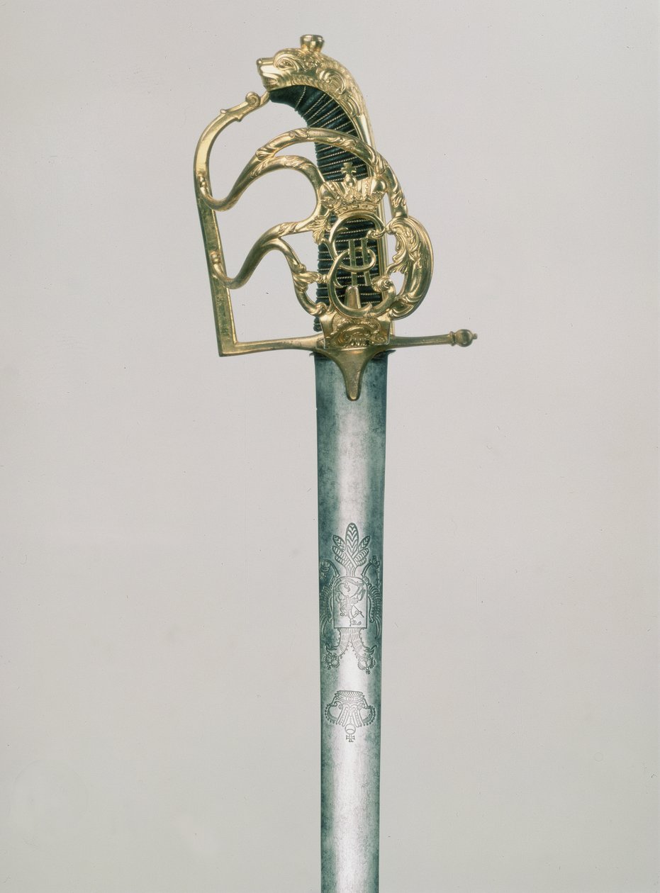 Officerars bredsvärd graverat med en dubbelhövdad örn med gestalten St. George under den kejserliga kronan, fäste dekorerad med monogram av Katarina II 1729-96), Ryssland, 1700-talet (stål, brons av Russian School
