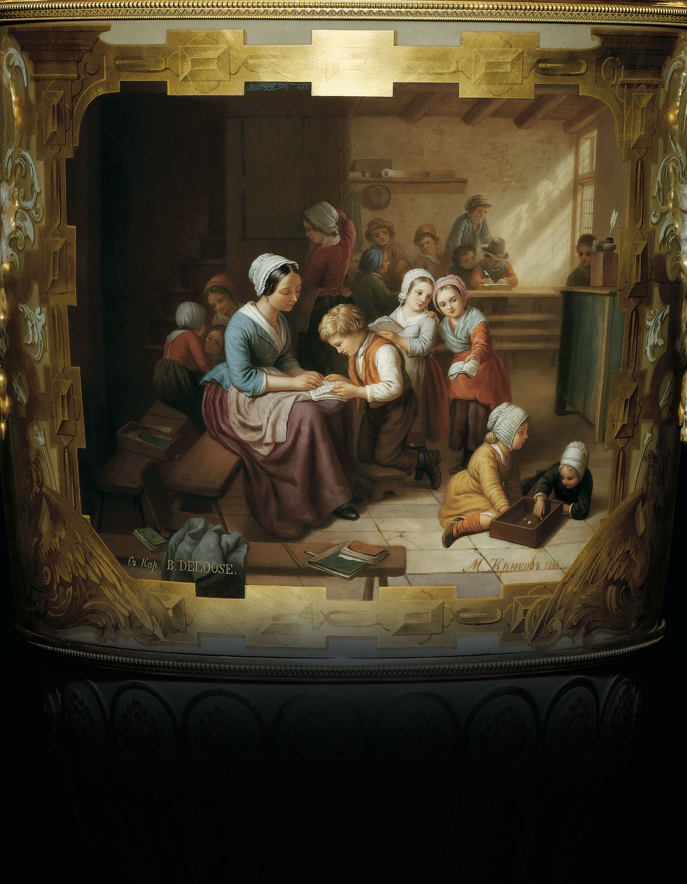 Målad detalj från en Alexander II tvåskaftad porslins- och bladguldvas, föreställande en skolrumsscen efter B, 1866 av Russian School