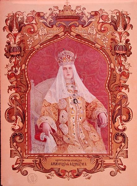Porträtt av tsarina Alexandra Feodorovna (1872-1918) i traditionell kröningsklänning, ca 1894 (se även 173581) av Russian School