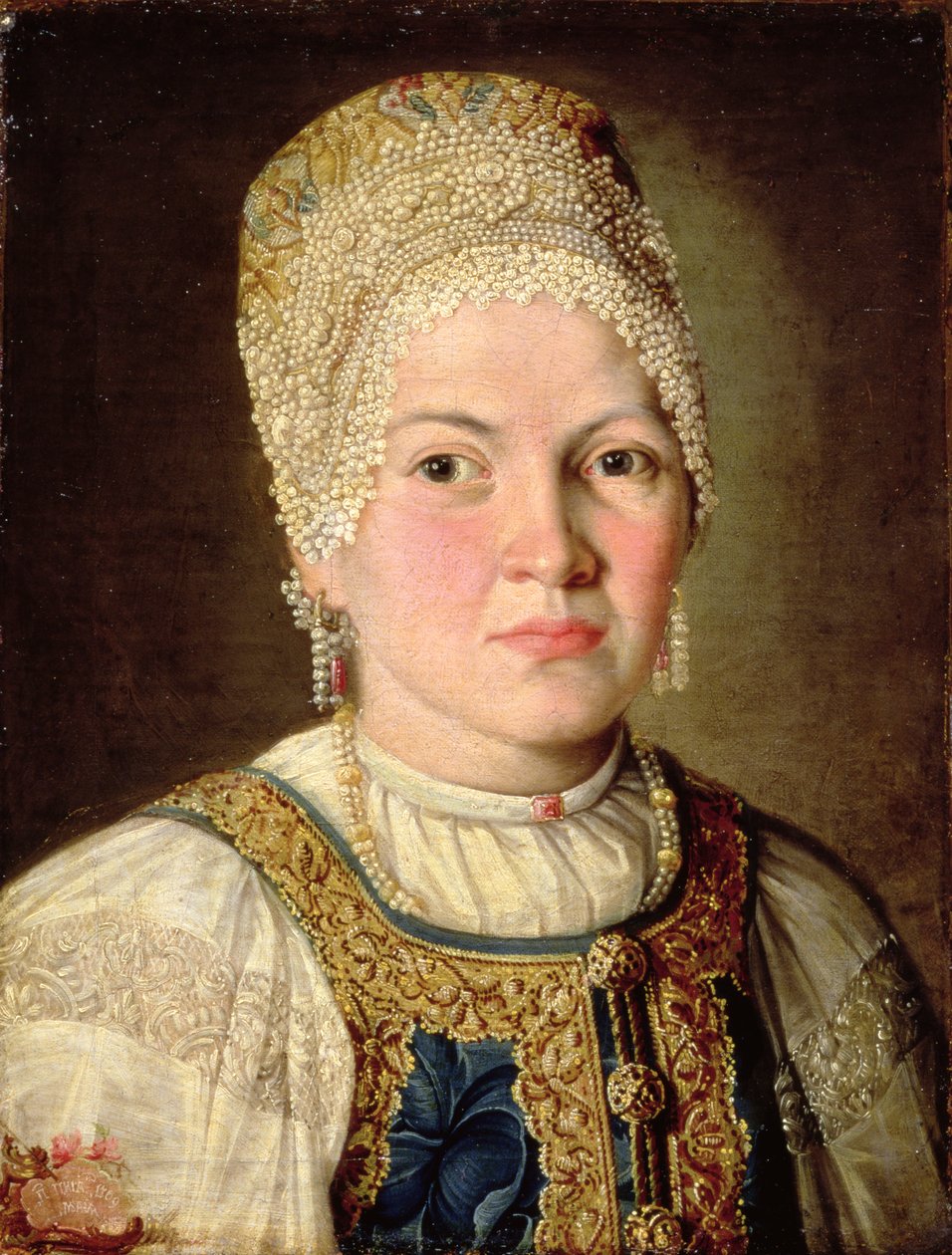 Porträtt av en kvinna i rysk kostym, 1769 av Russian School