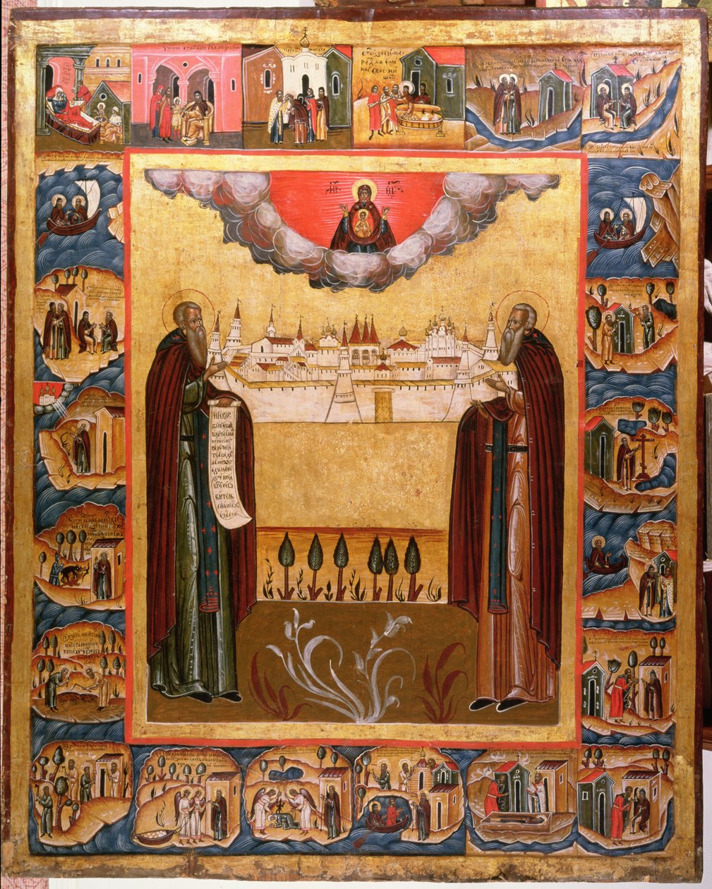 De heliga Zosimus och Sabbatheus av Solovetsk med scener från deras liv, 1700-talet (tempera på panel) av Russian School