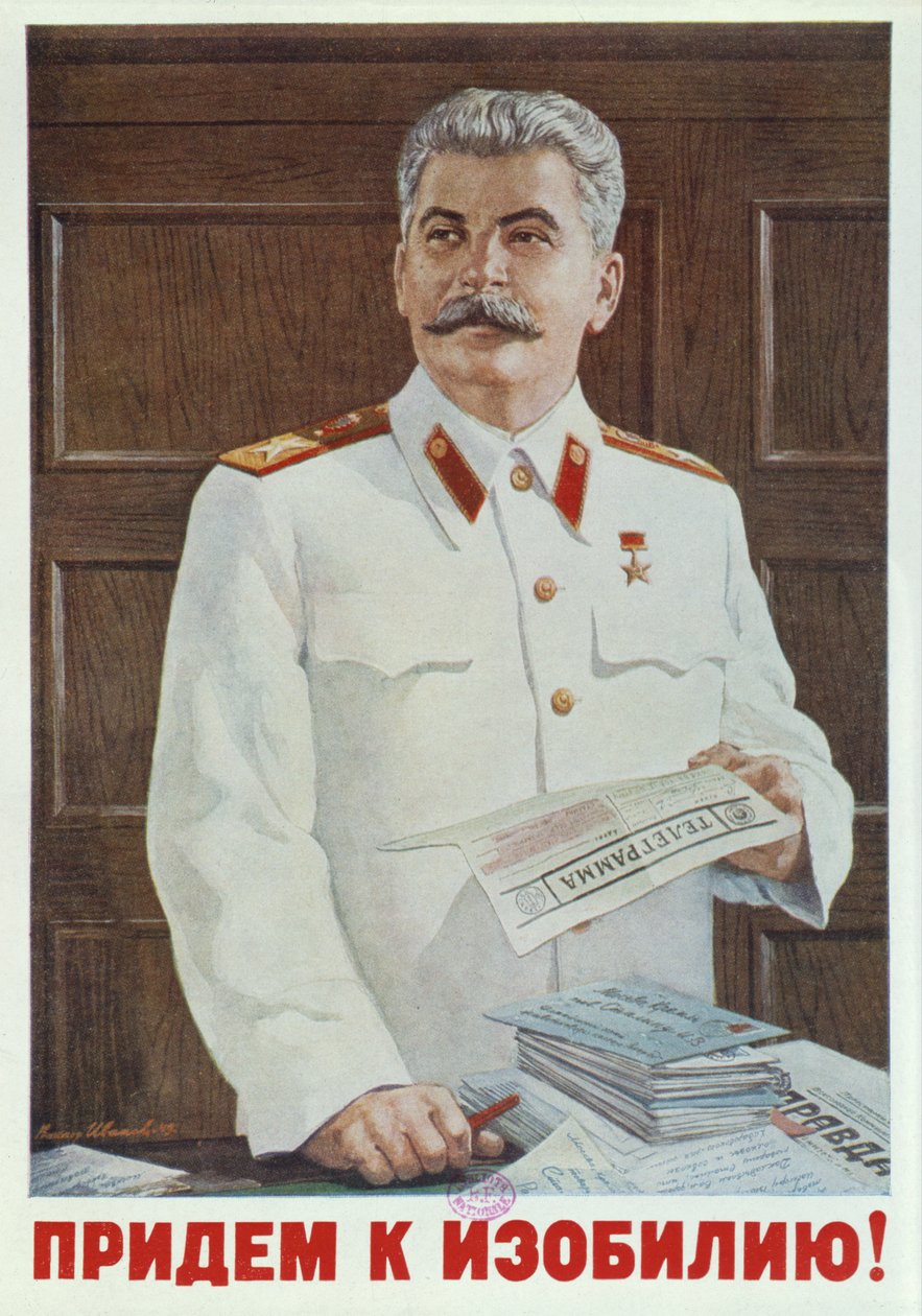 Sovjetisk affisch av Stalin som läser ett telegram, 1949 av Russian School