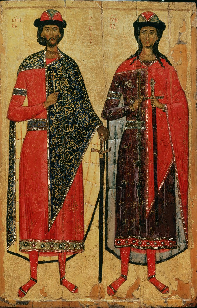 St. Boris och St. Gleb, rysk ikon, Moskvaskola, 1300-talet (tempera på panel) av Russian School