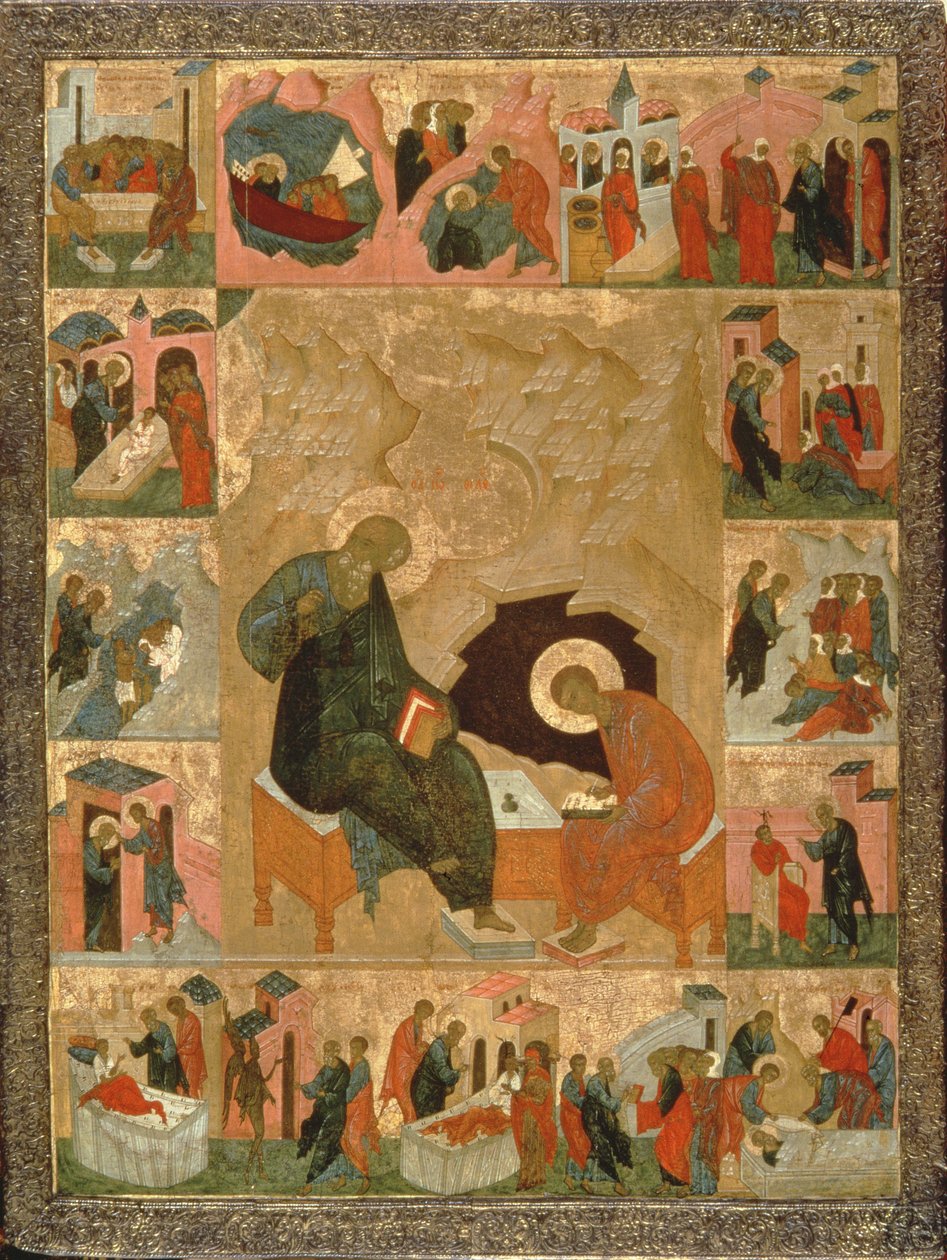 Evangelisten Johannes och hans skriftlärde, ca 1500 (tempera på trä) av Russian School
