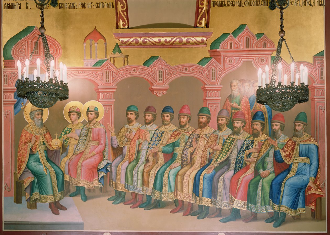 S:t Vladimir, storhertig av Kiev och hans söner, väggmålning av Palekh-mästare i den facetterade kammaren, 1882 (väggmålning) av Russian School