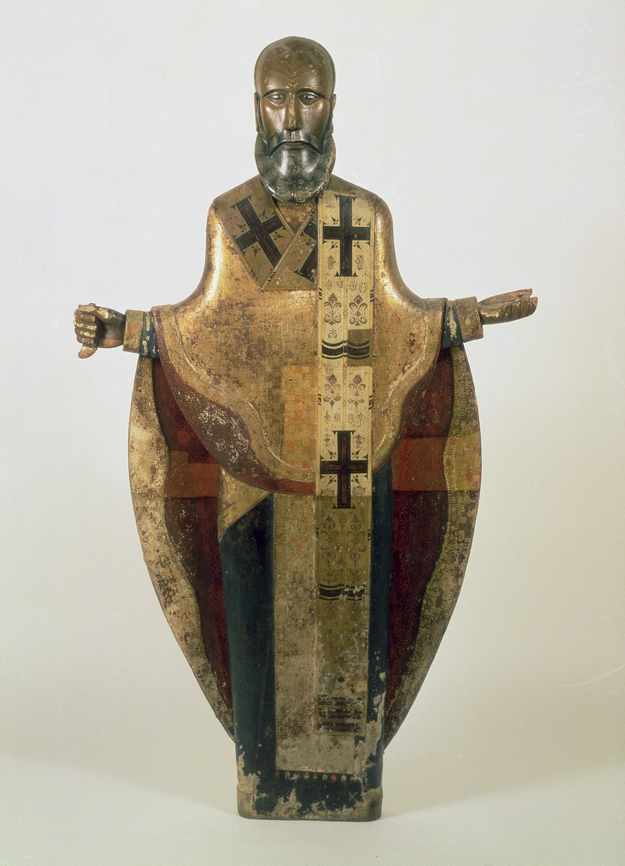 Staty av St. Nicholas av Mozhaisk, rysk, sent 1500-tal (trä, ornamenterad brokad, gesso, tempera) av Russian School