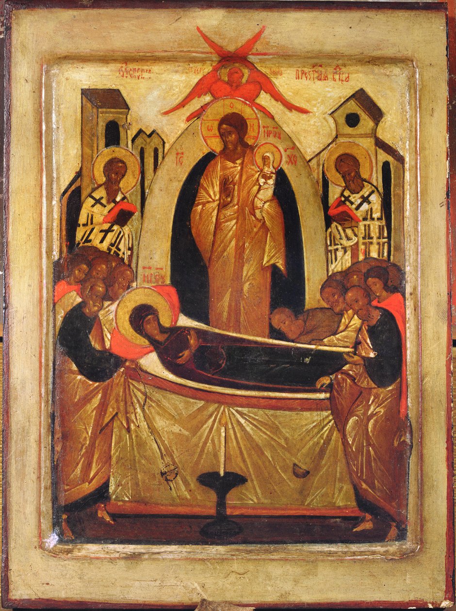 The Dormition of the Virgin (tempera och bladguld på panel) av Russian School