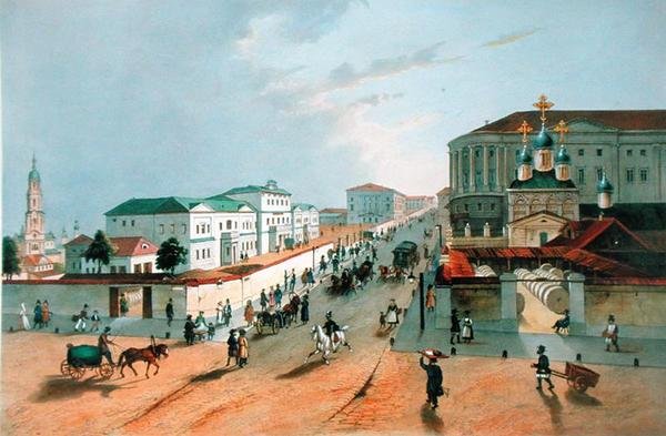Det kejserliga postkontoret i Moskva, graverat av A. Muller, 1840-talet av Russian School