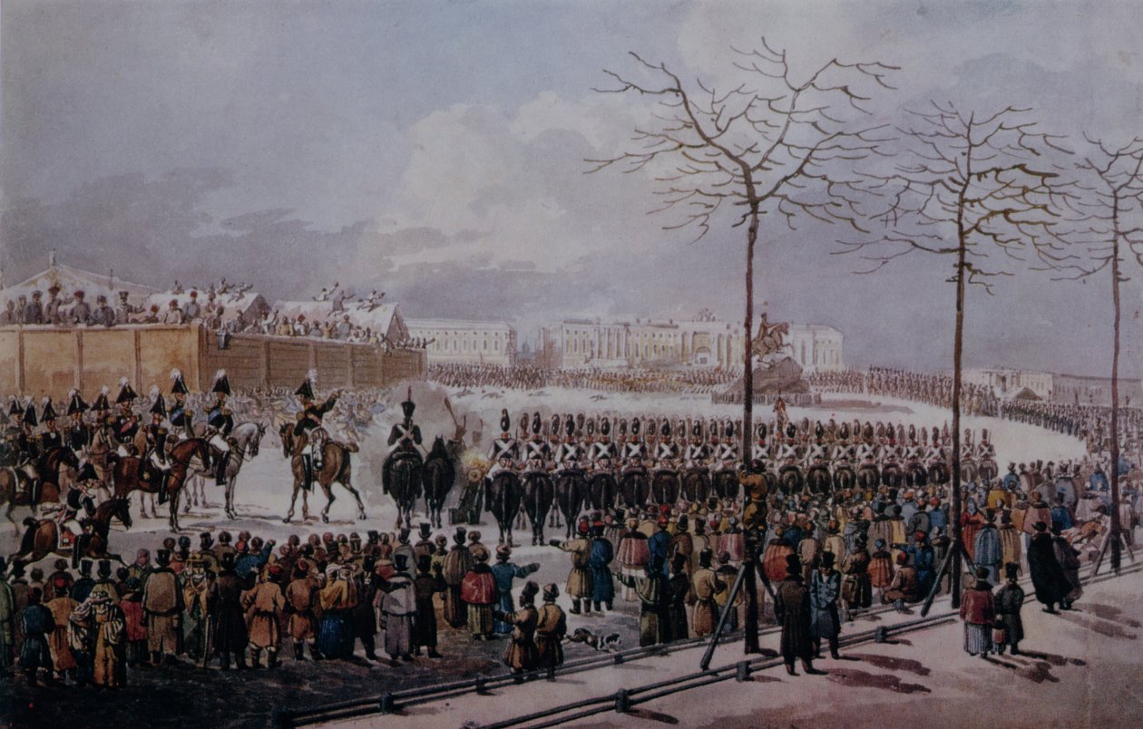 Decembristernas uppror på Senatstorget, St. Petersburg den 14 december 1825 (wc på papper) av Russian School