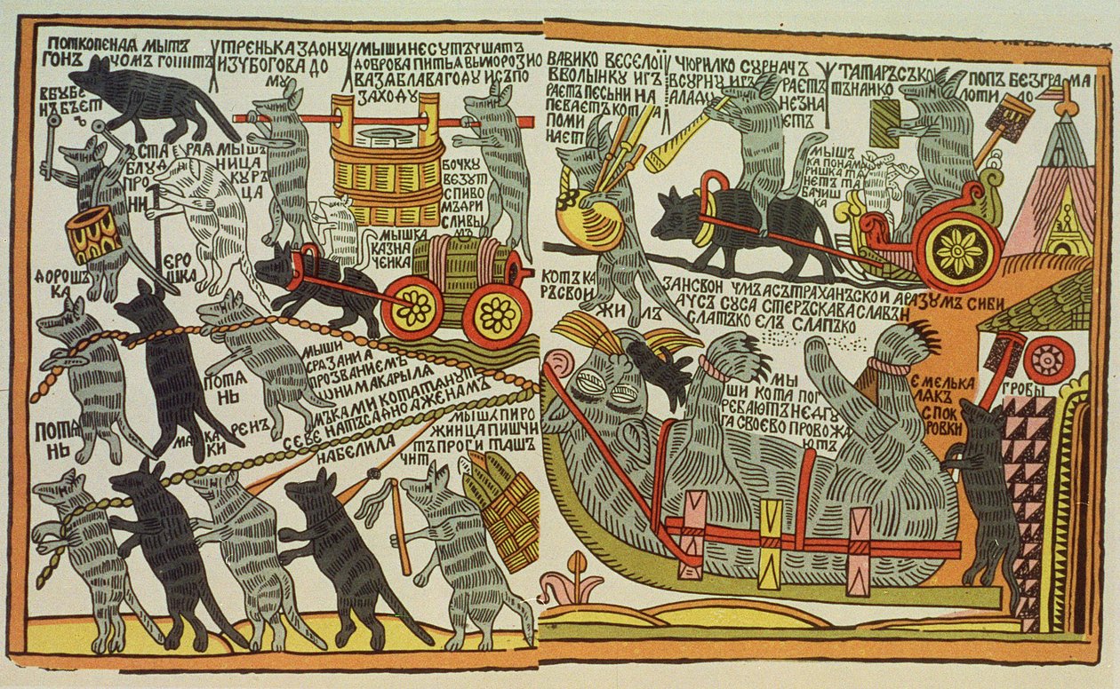 Mössen begraver katten, ryska, sent 1700-tal (träsnitt) av Russian School