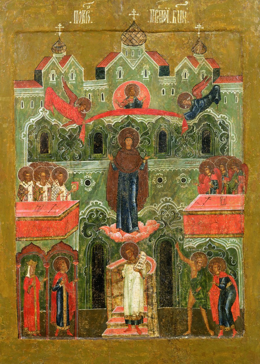 Pokrov (Guds moders förbön) (tempera på panel) av Russian School