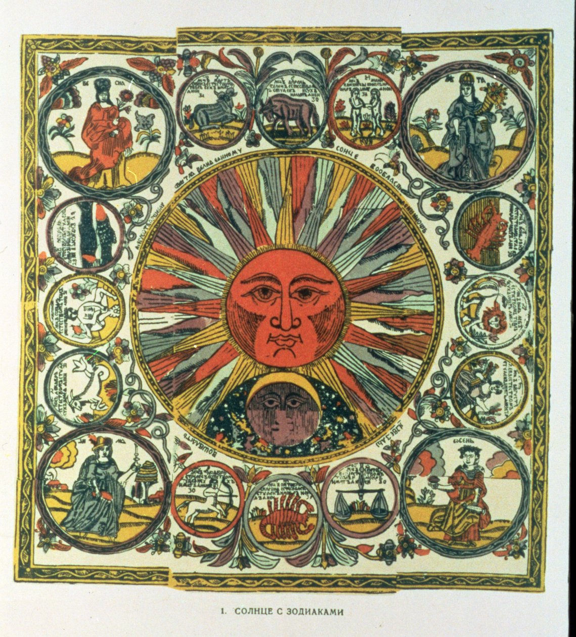 Solen och zodiaken, ryska, sent 1700-tal (träsnitt) av Russian School