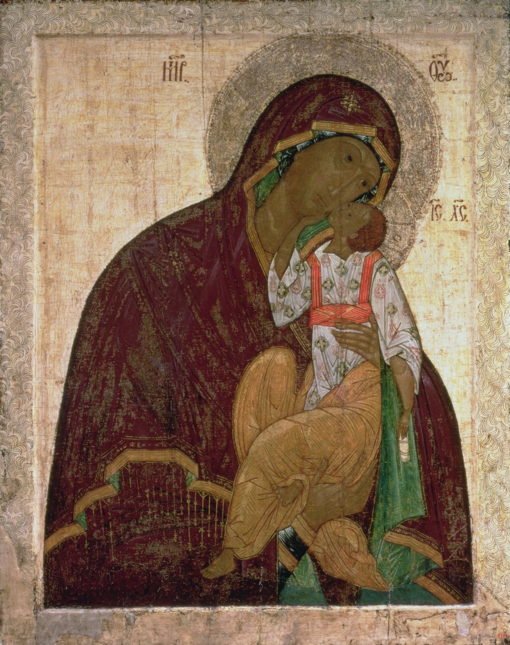 Yakhroma Madonna of Ödmjukheten, rysk ikon, möjligen School of Pskov (tempera på panel) av Russian School
