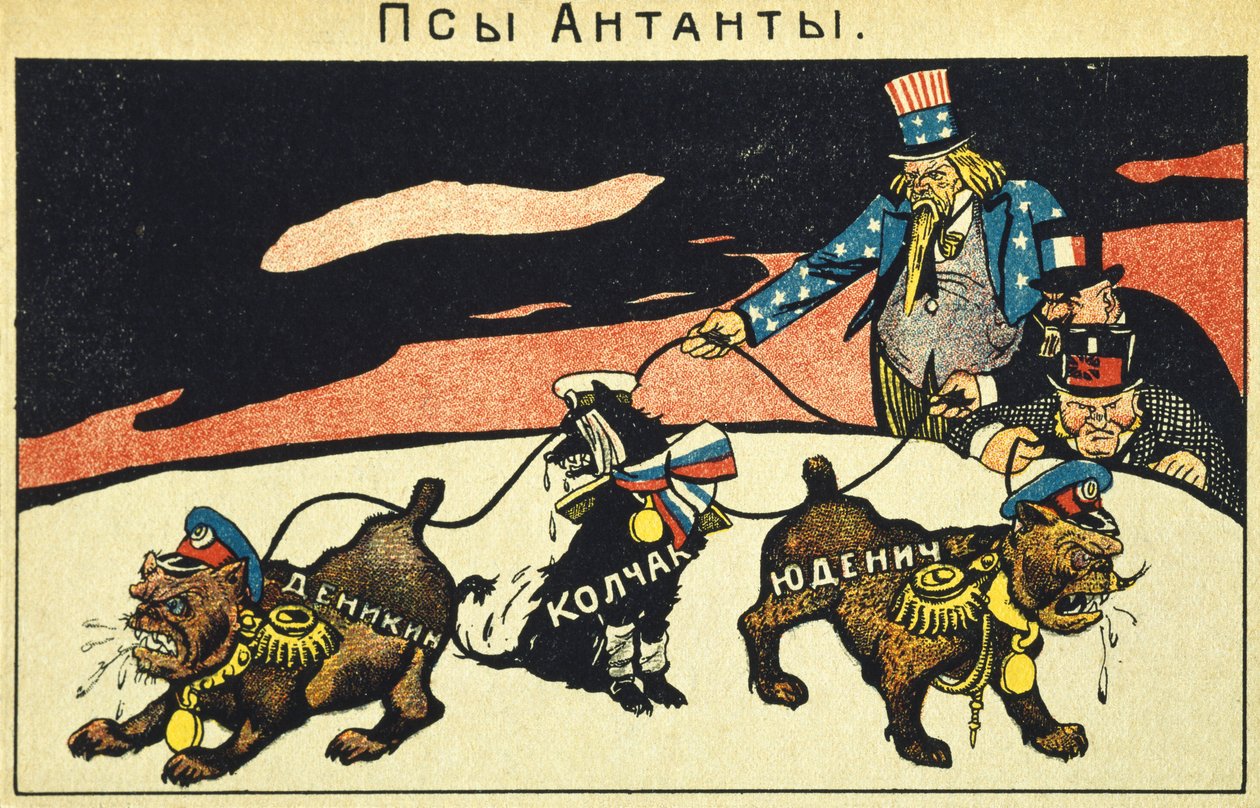 Kapitalisterna släpper lös sina hundar, Bolsjevikernas propagandamanifest, Ryska revolutionen, Ryssland, 1900-talet (etsning) av Russian School