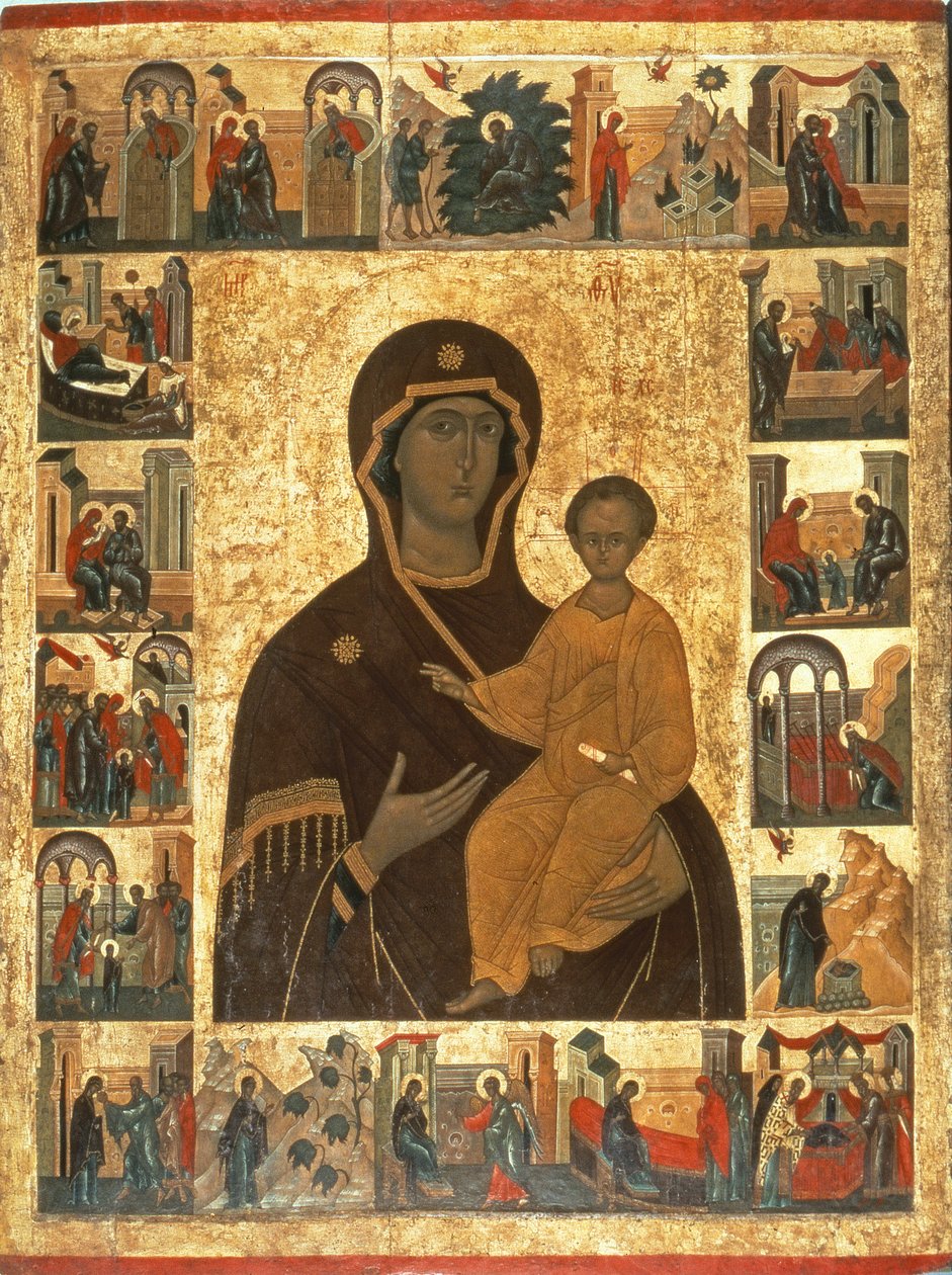 Virgin Hodegetria Icon of Smolensk, c.1450 (tempera på tyg, gesso och trä) av Russian School