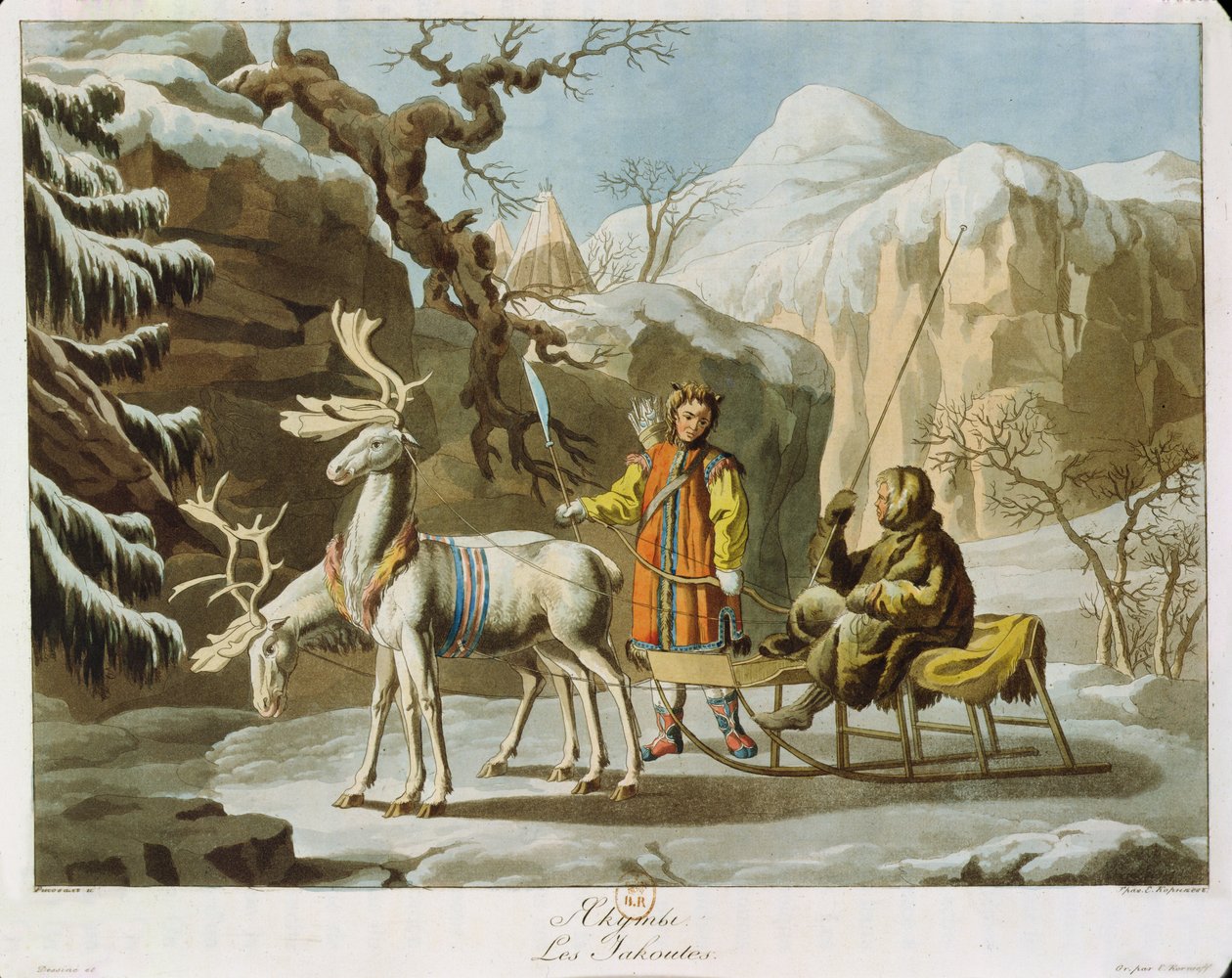 Yakuter från centrala Sibirien i vinterlandskap, klädda i päls och med en rensläde, publicerad 1813 (akvatint) av Russian School