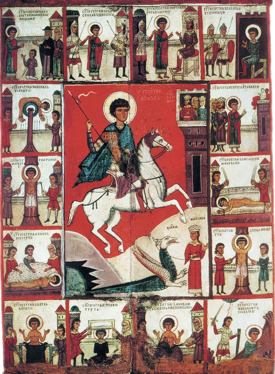 Saint George med scener ur hans liv, 1300-talet. av Russian icon.