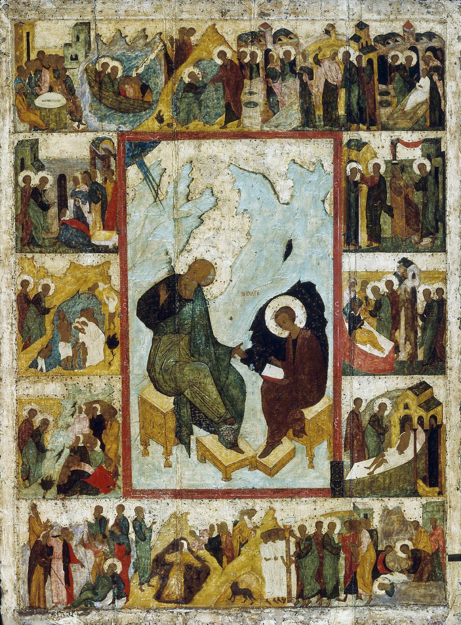 Sankt Johannes evangelisten på Patmos med scener ur hans liv, tidigt 1500-tal. av Russian icon.