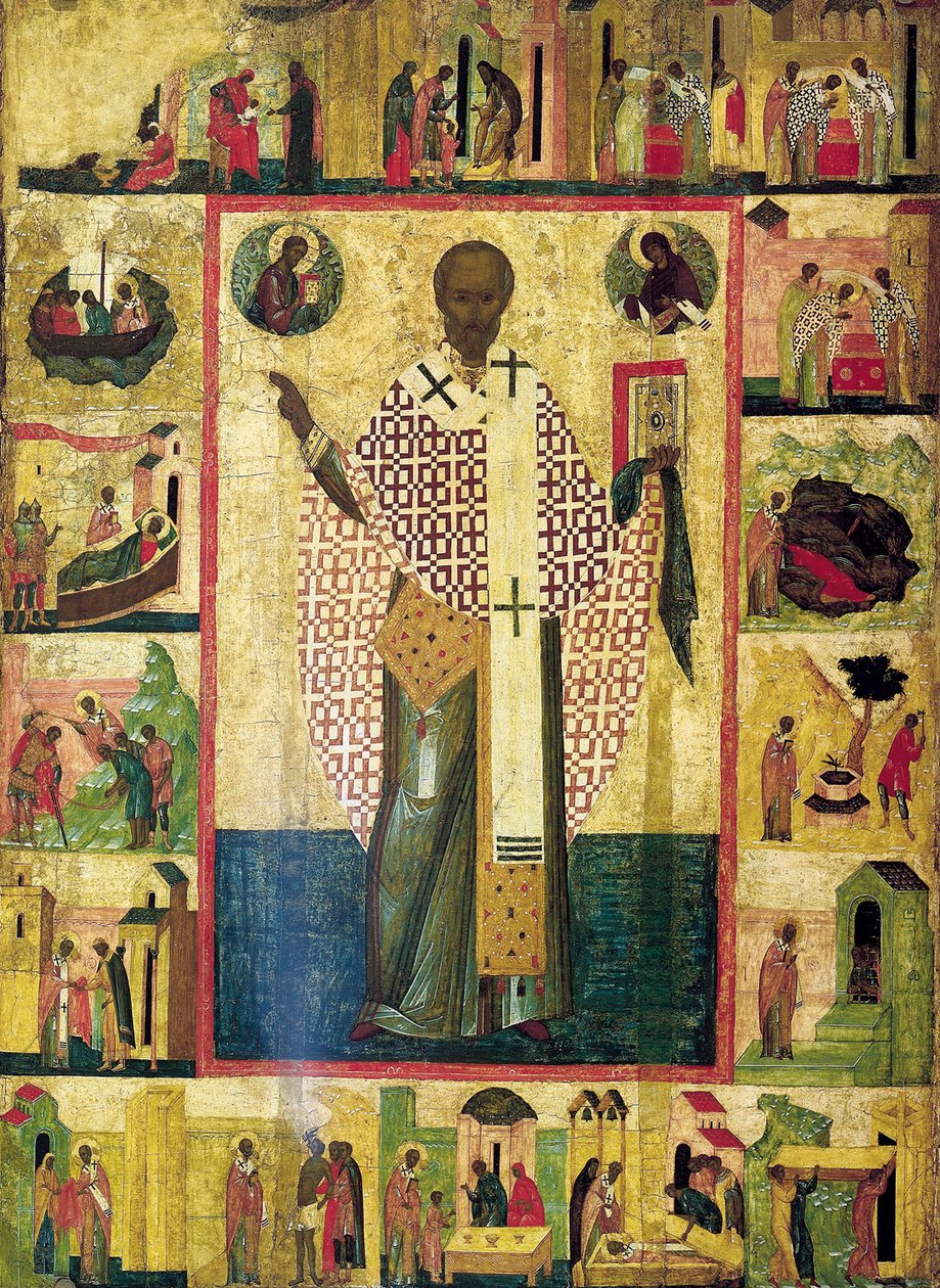 Sankt Nikolaus av Zaraisk med scener ur hans liv, tidigt 1500-tal. av Russian icon.