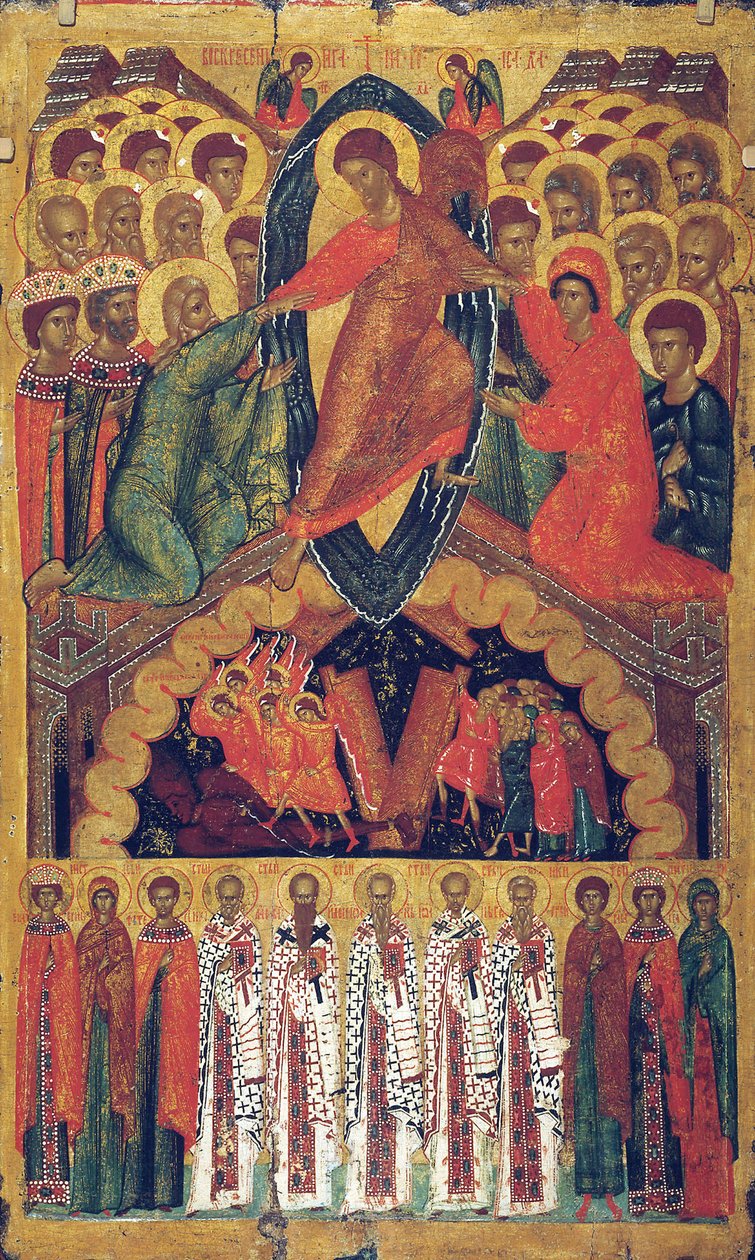 Nedstigningen till helvetet, med utvalda heliga, sent 1400-tal. av Russian icon.