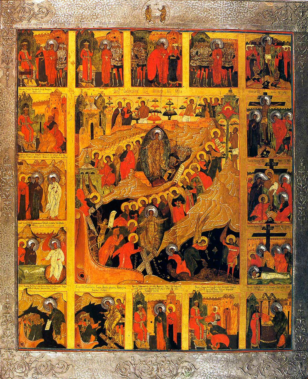Nedstigningen till helvetet med scenerna av Kristi passion, 1500-talet. av Russian icon.