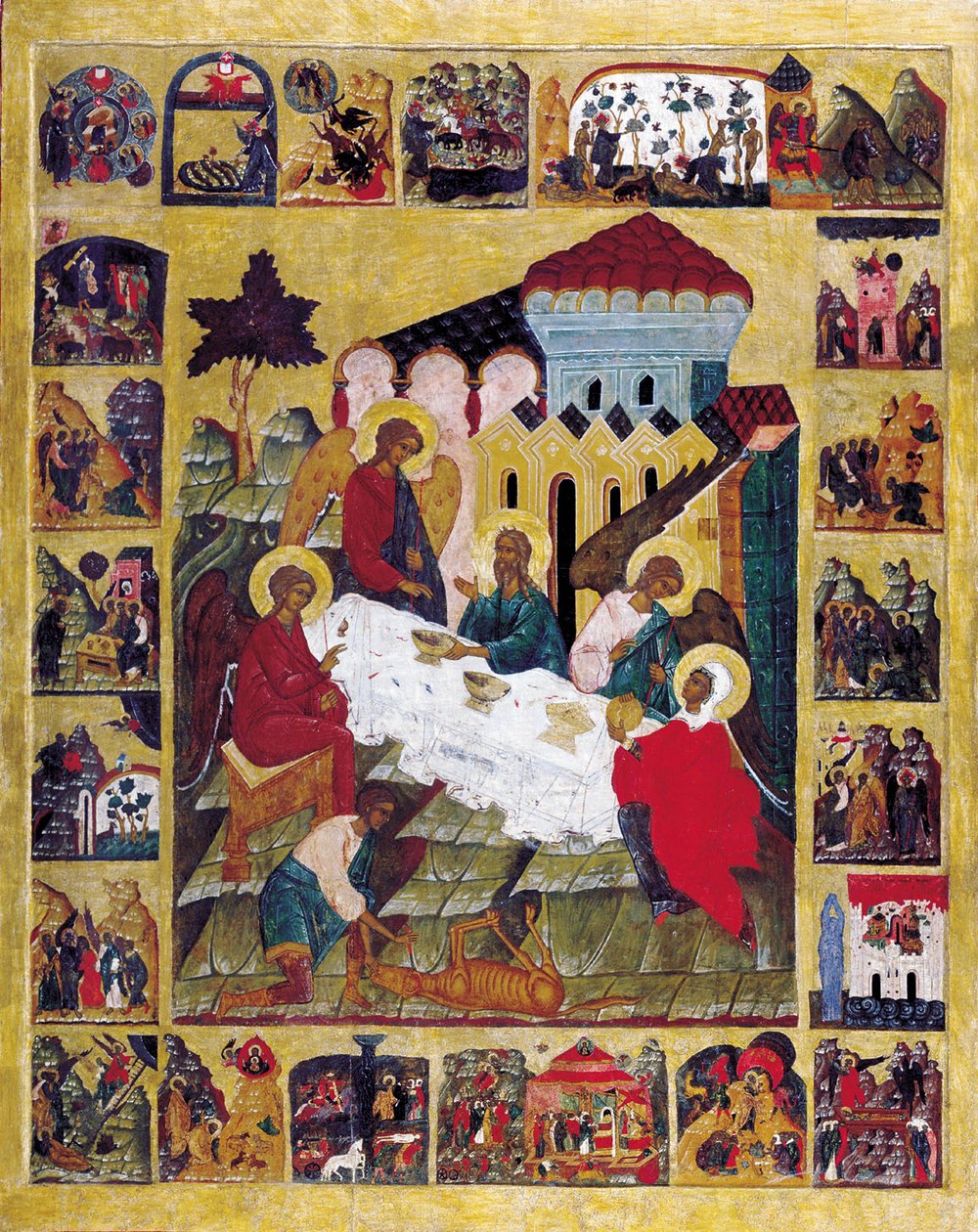 Gamla testamentets treenighet med scener från Genesis, c1580. av Russian icon.