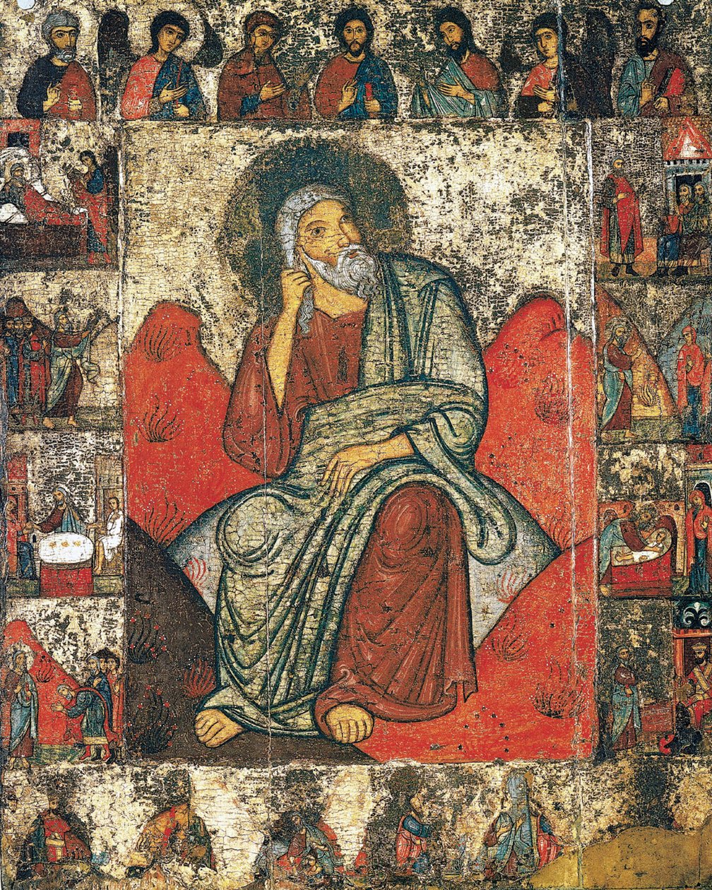 Profeten Elia i vildmarken med scener ur hans liv och Deesis, 13:e- första tredjedelen av 14:e av Russian icon.