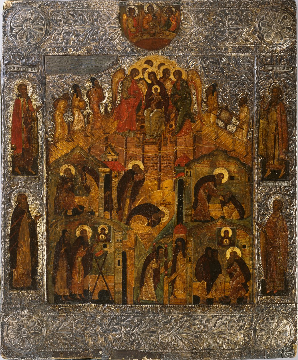 Jungfru Marias uppenbarelse till den helige Alexander Svirsky, 1600-talet. av Russian icon.