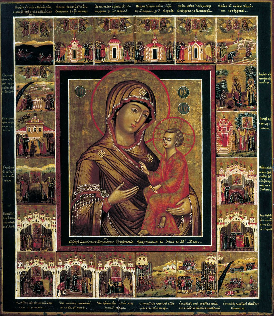 Jungfrun av Tikhvin med gränsscener, första kvartalet av 1800-talet. av Russian icon.