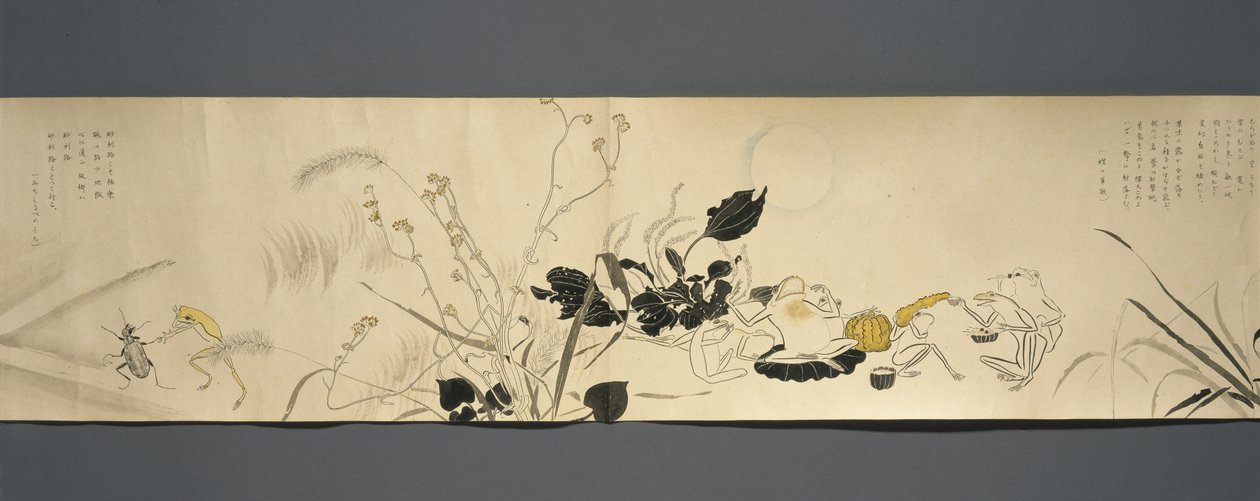 Wildlife Friends (Yasei no Tomo), Taisho Period, Taisho 7th Year, ca 1918 (bläck & wc på vävt papper dekorerat med glimmer) av Ryoka Kawakami