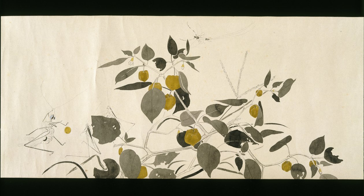 Wildlife Friends (Yasei no Tomo), Taisho Period, Taisho 7th Year, ca 1918 (bläck & wc på vävt papper dekorerat med glimmer) av Ryoka Kawakami