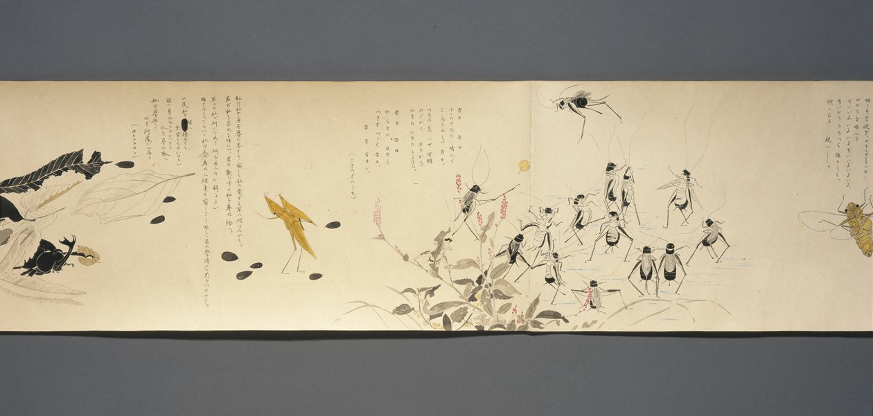 Wildlife Friends (Yasei no Tomo), Taisho Period, Taisho 7th Year, ca 1918 (bläck & wc på vävt papper dekorerat med glimmer) av Ryoka Kawakami