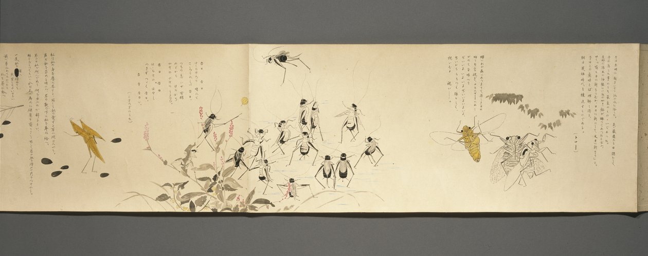 Wildlife Friends (Yasei no Tomo), Taisho Period, Taisho 7th Year, ca 1918 (bläck & wc på vävt papper dekorerat med glimmer) av Ryoka Kawakami