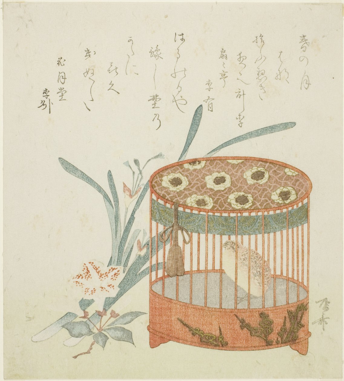 Fågelbur och blommor av Ryuryukyo Shinsai
