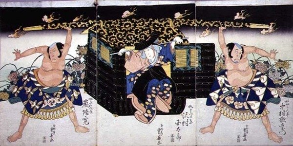 En scen från den fjärde akten av en kabuki-pjäs, "Ashiya doman ouchi kagami" av Ryusai Shigeharu