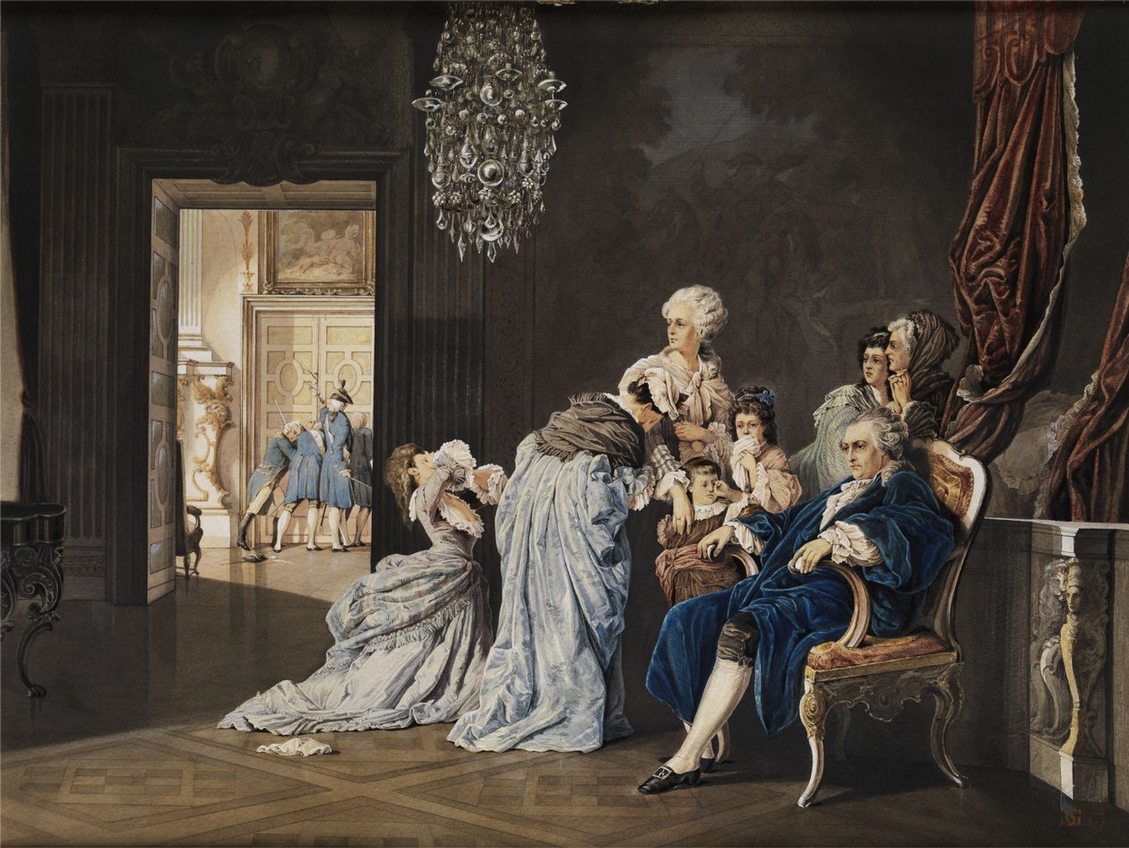 De sista timmarna av den franska kungafamiljen (Louis XVI och Marie Antoinette) i Louvren innan revolutionärerna bröt in. Akvarellmålning/gouache på kartong. 38x51 cm. Monogram "SG" och daterad "1877" nere till höger av „SG“