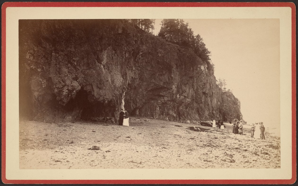 [Grupp människor på strandlinjen nära klippor, möjligen vid Mt. Desert, Maine] av S.R. Stoddard