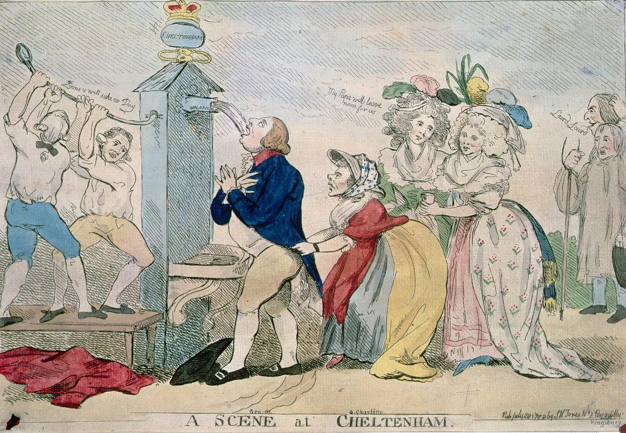En scen i Cheltenham. Satirisk serie, pub. 1788 av S.W. Fores