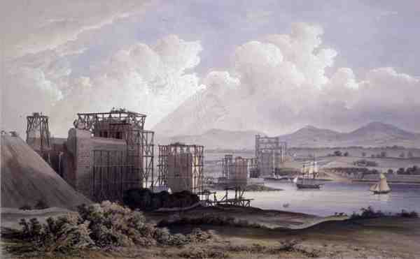 Britannia Tubular Bridge över Menai Straits, tagen under konstruktionen 1848, litografi av Day and Son av S. (after) Russell