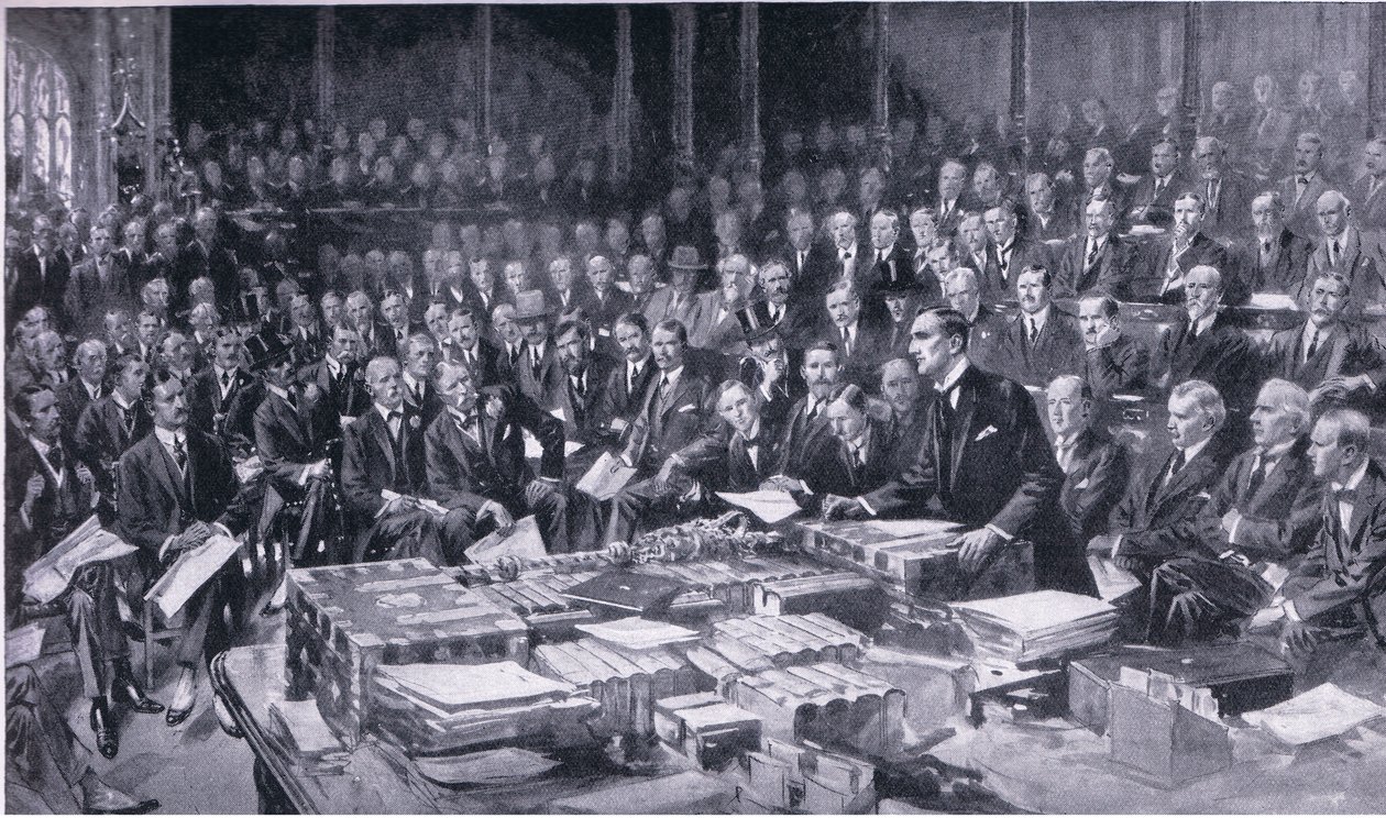 En av de mest betydelsefulla händelserna i parlamentets historia den 3 augusti 1914, från Cassells History of the British People publicerad av Waverley Book Company Limited, ca 1940 av S. Begg
