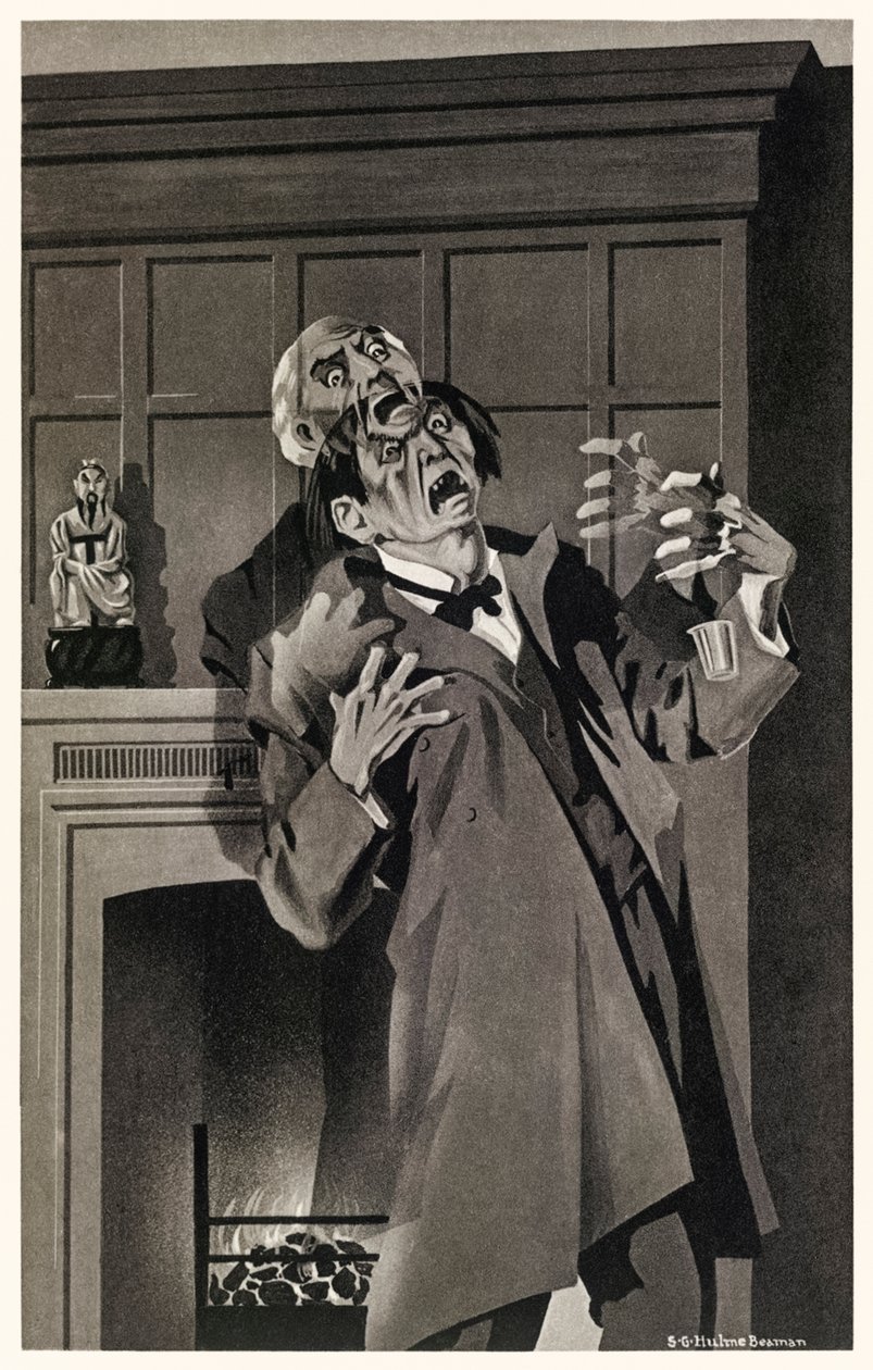 Funktionerna verkade smälta och förändras" från "Strange Case of Dr Jekyll and Mr Hyde" av Robert Louis Stevenson (1850-1894) Illustration av S.G. Hulme Beamam (1887-1932) för en 1930-utgåva. Se mer information nedan. av S. G. Hulme Beamam