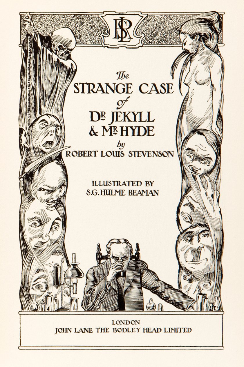 Titelsida från "Strange Case of Dr Jekyll and Mr Hyde" av Robert Louis Stevenson (1850-1894) Illustration av S.G. Hulme Beamam (1887-1932) för en 1930-utgåva. Se mer information nedan. av S. G. Hulme Beamam
