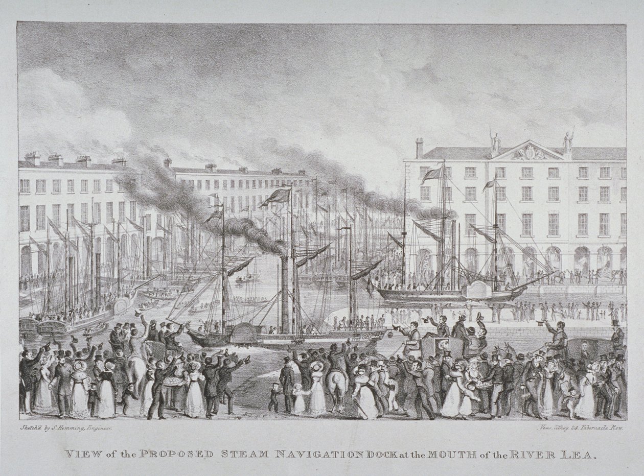 Vy över den föreslagna ångnavigeringsdockan vid mynningen av floden Lea, c.1835 av S. Hemming