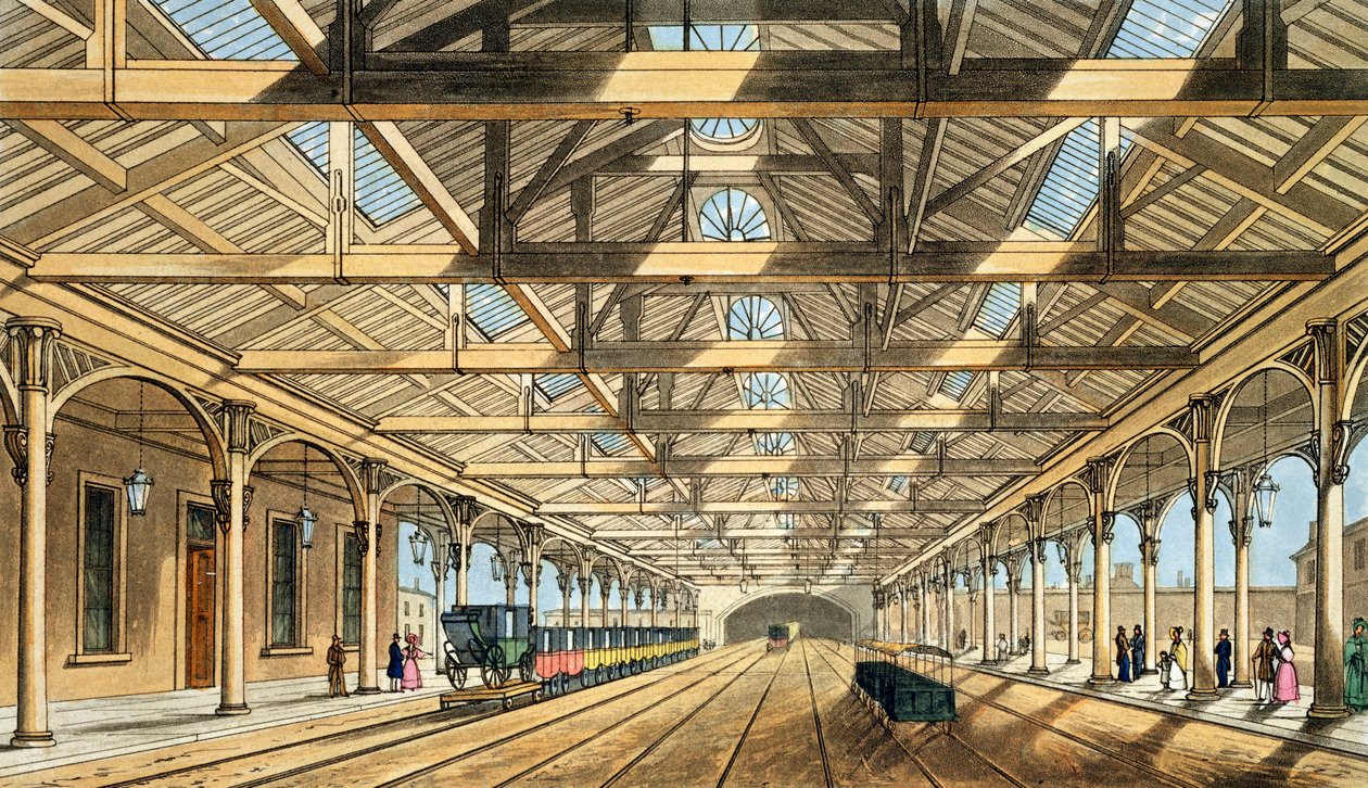 New Station, Lime Street, Entré till tunneln och bokningskontor, från "Liverpool and Manchester Railway", graverad av John Harris, pub. av Ackermann und Co., 1836 av S. Kelper