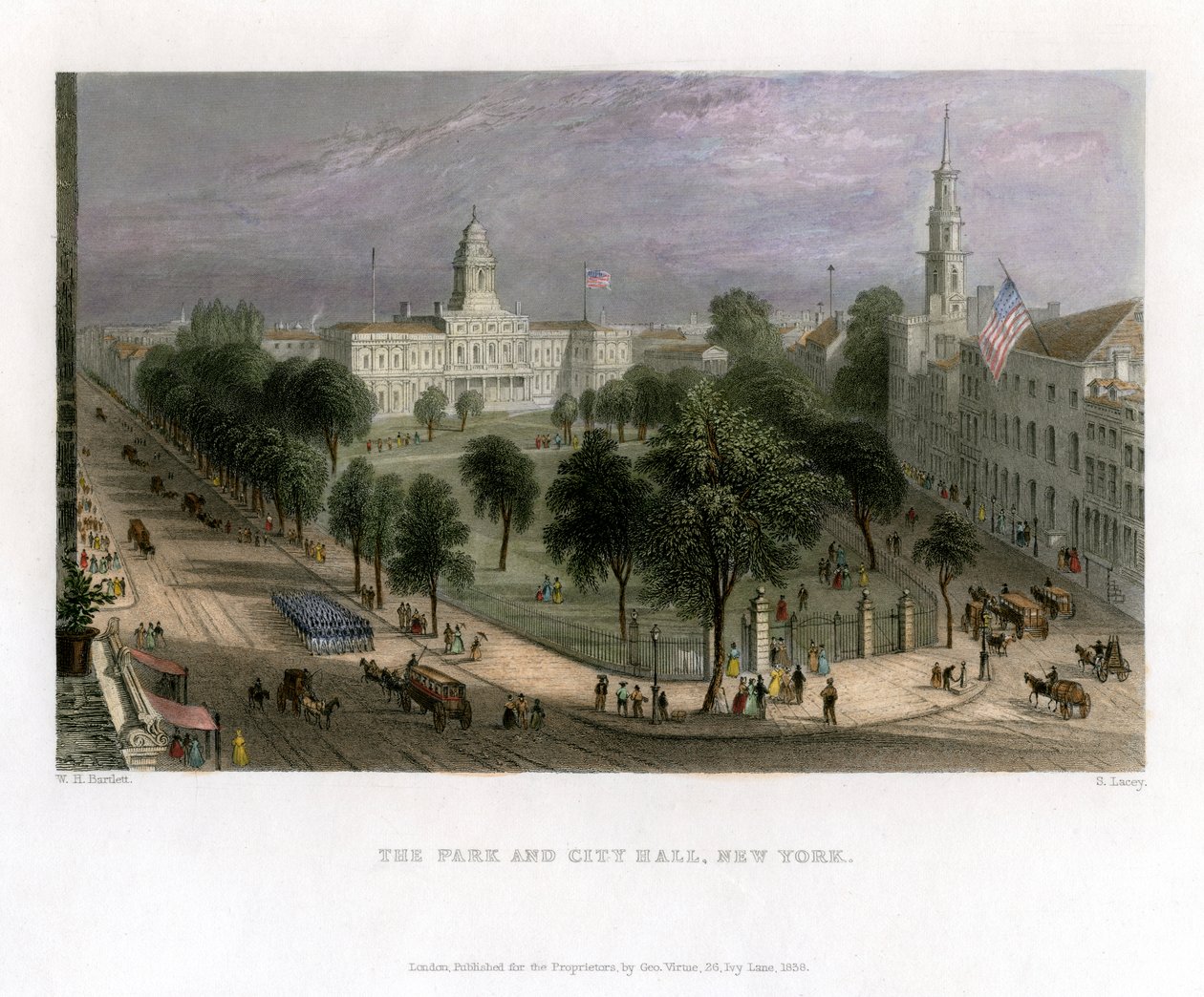 The Park and City Hall, New York, USA, 1838. av S. Lacey