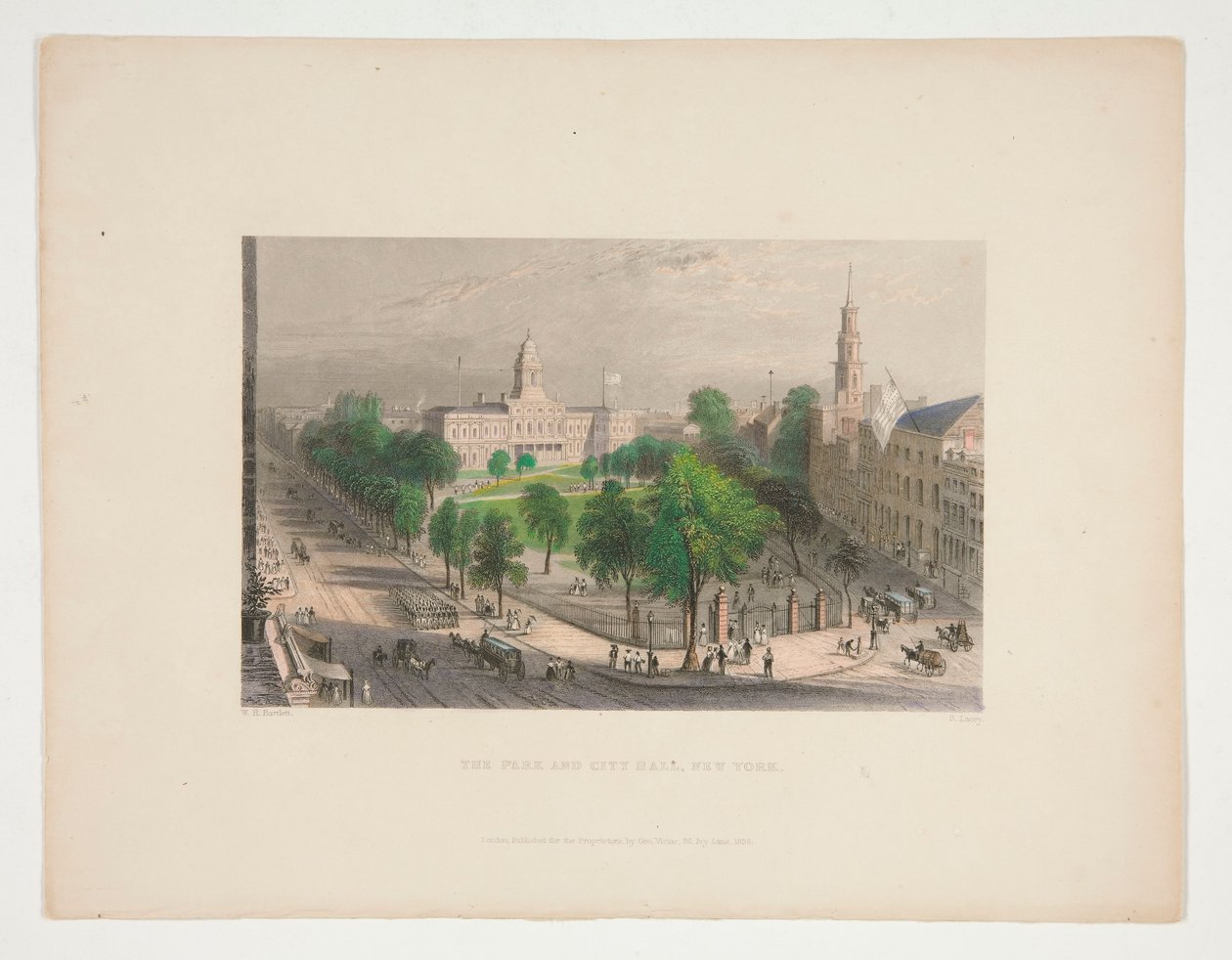 The Park and City Hall, New York, illustration för Nathaniel Parker Willis av S. Lacey