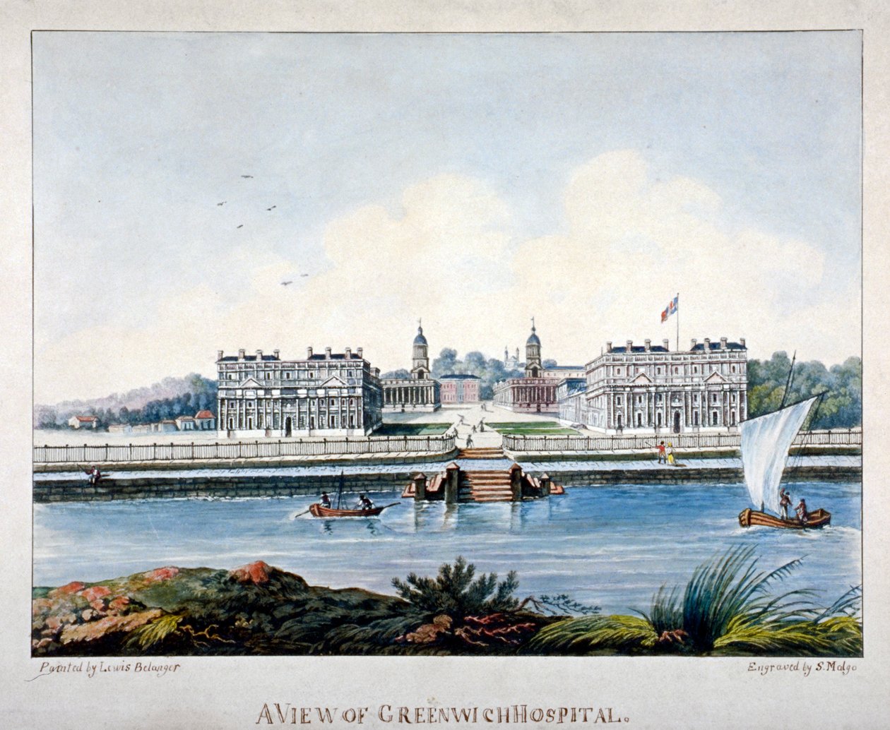 Utsikt över Greenwich Hospital från Isle of Dogs, London, c1800 av S Malgo