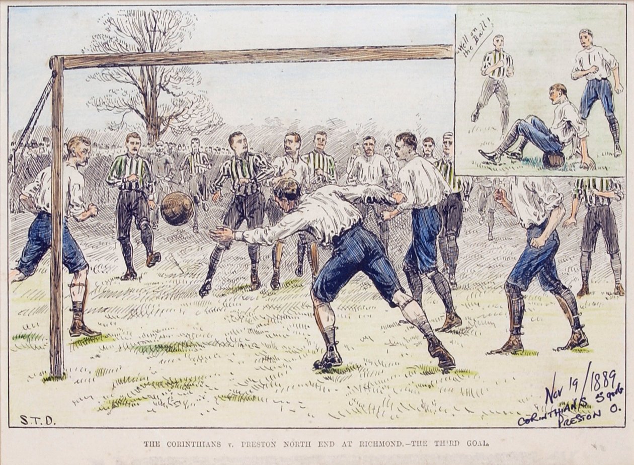 The Corinthians vs. Preston North End i Richmond - Det tredje målet, från "The Illustrated Sporting and Dramatic News" av S. T. Dadd
