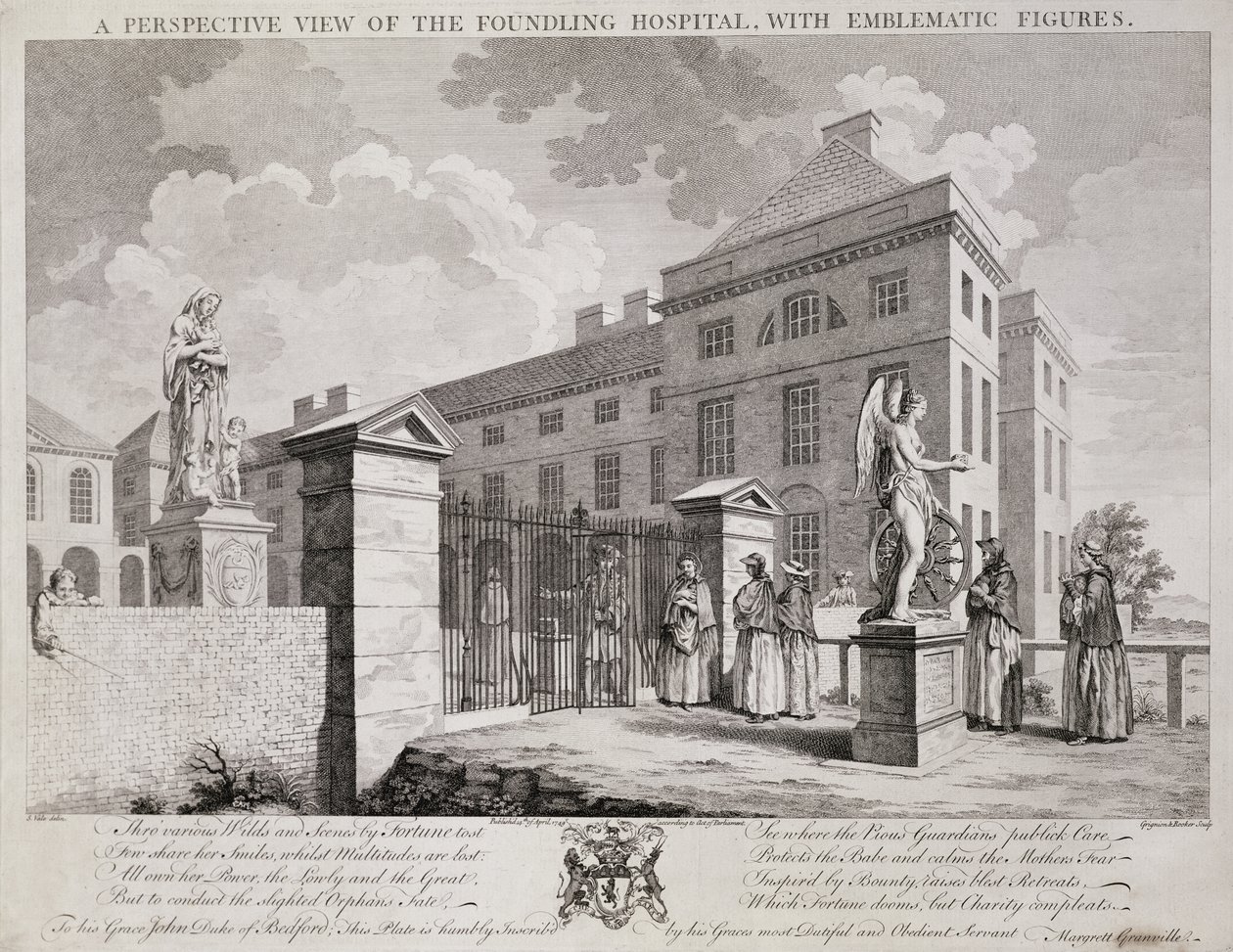 En perspektivvy av Foundling Hospital med emblematiska figurer, 1749 av S. Vale