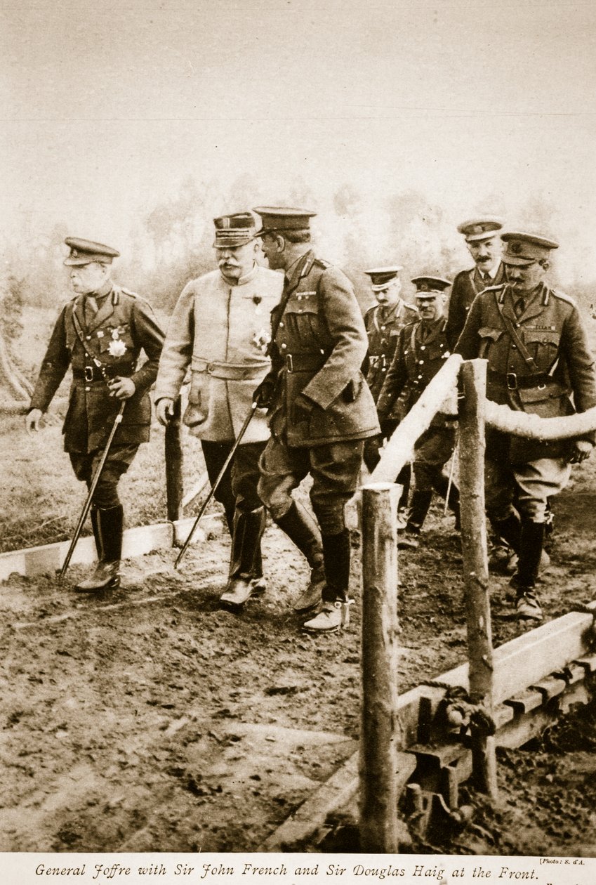 General Joffre med Sir John French och Sir Douglas Haig vid fronten 1914-19 av S. d A. Photography